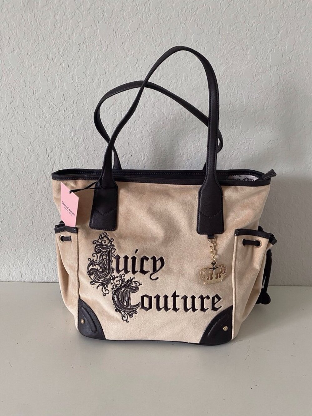 Juicy Couture Renaissance Tote In Buff Beige Velvet Embroidered W/Crown Charm